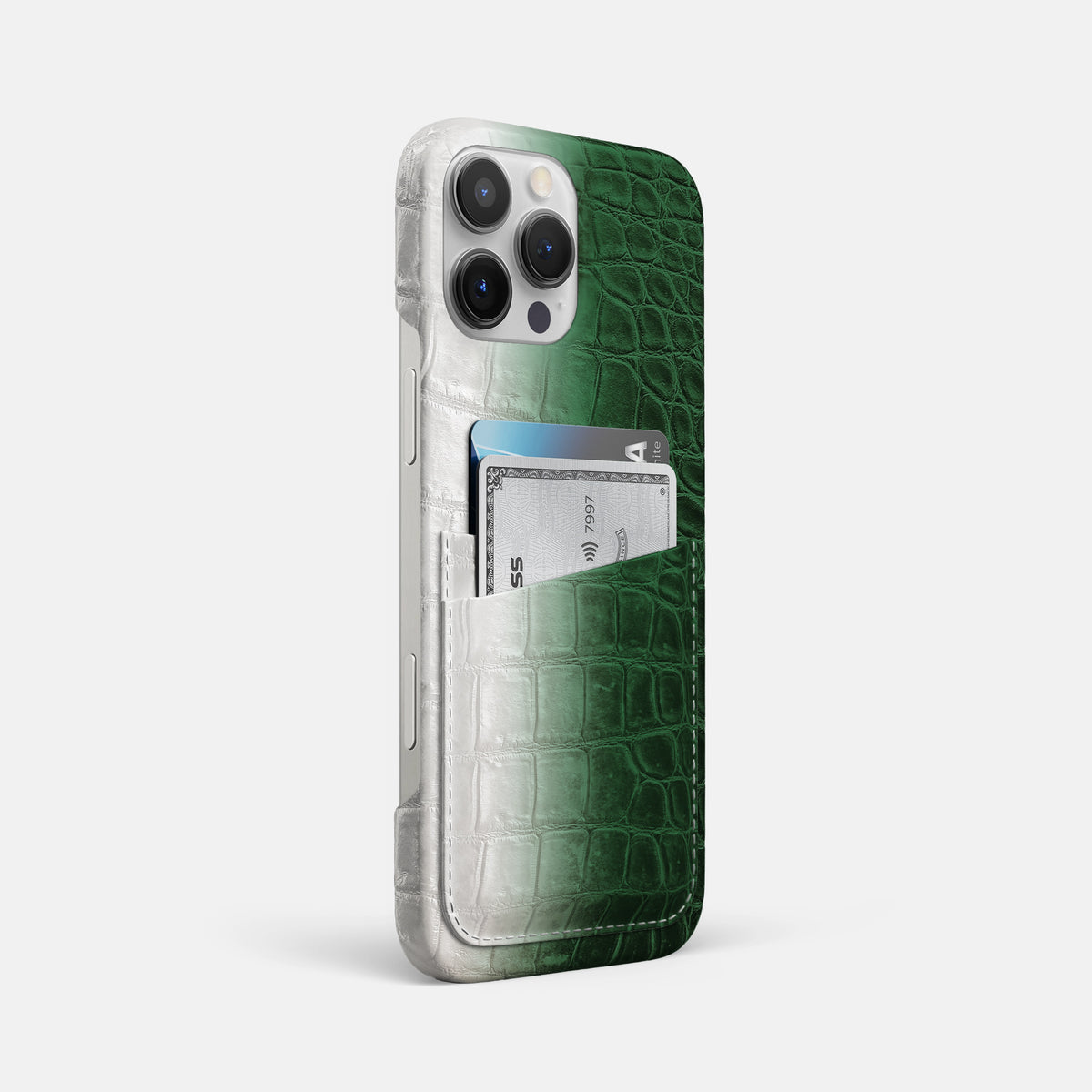 Green iPhone 16 Pro Max Slim Double Card Case In Himalayan Crocodile -2 | Green
