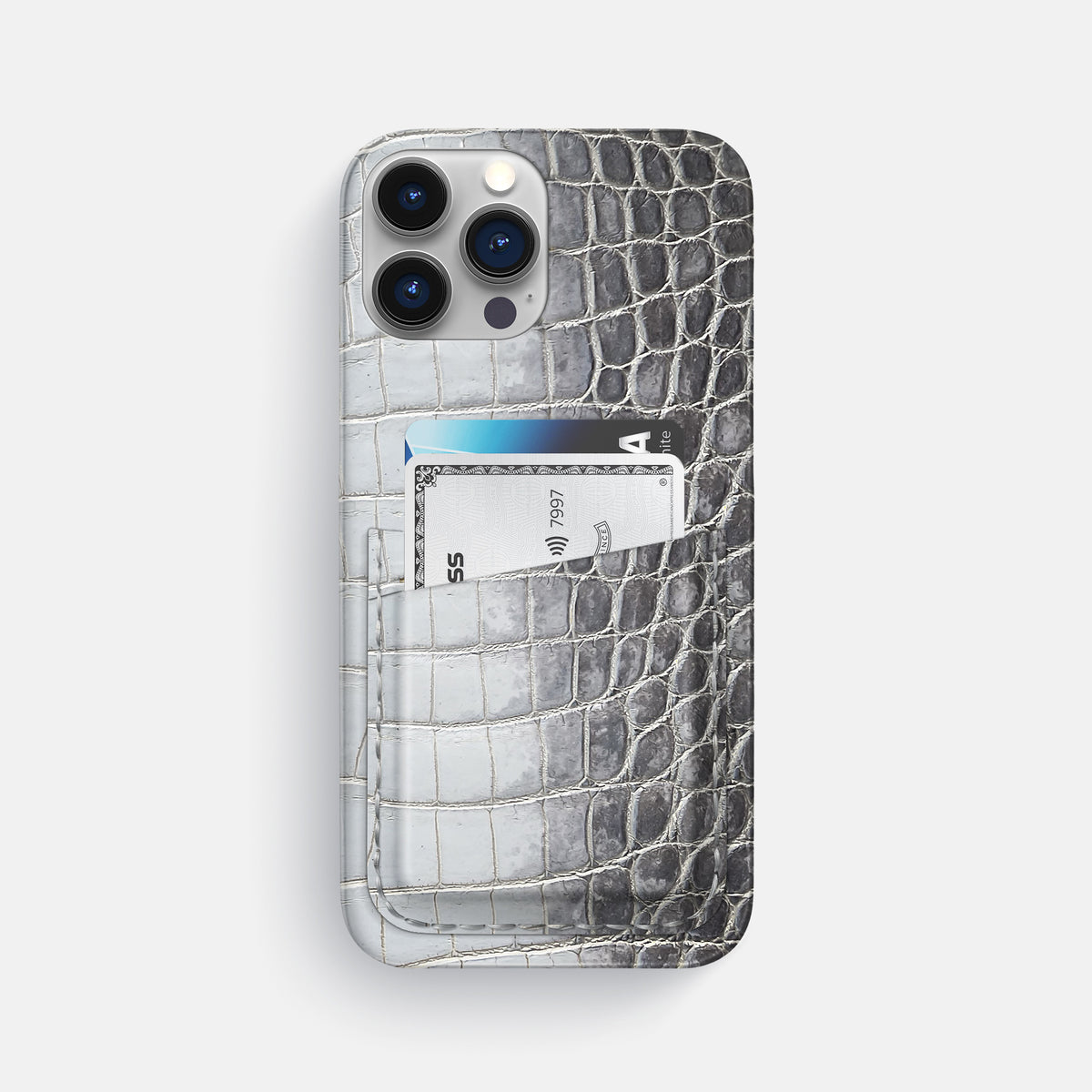 Silver iPhone 16 Pro Max Slim Double Card Case In Himalayan Crocodile -1 | Silver
