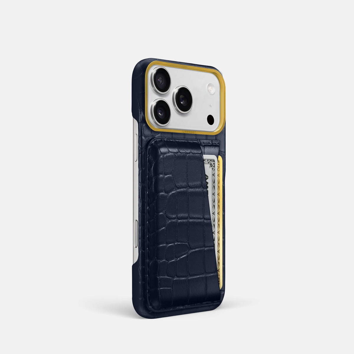 Double Card Case For iPhone 18 Pro In Alligator -2 | Navy-Blue-Gold