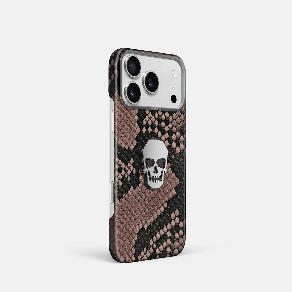 Classic Case With Titanium Skull For iPhone 18 Pro In Deluxe Python -2 | Mahogany-Brown-Steel