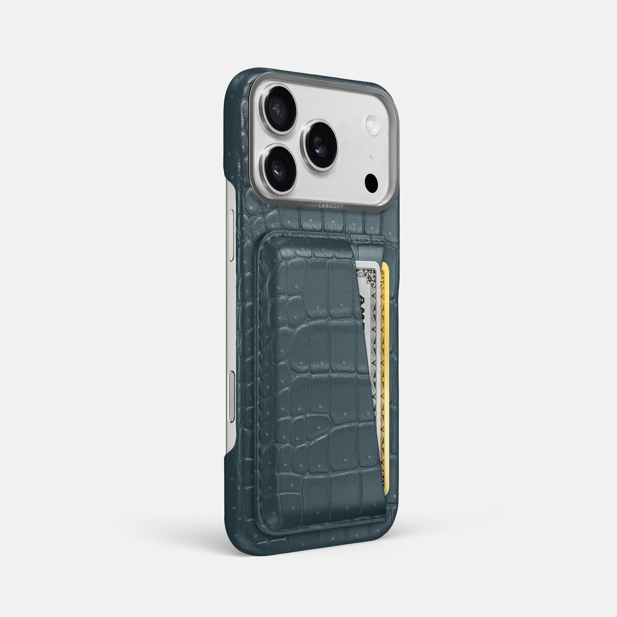 Double Card Case For iPhone 17 Pro Max In Porosus Crocodile -2 | Denim-Steel