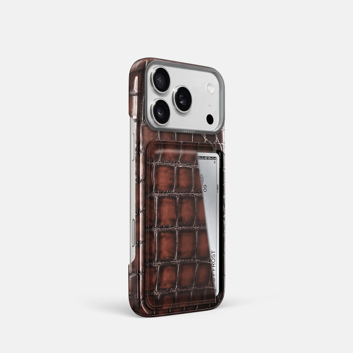 Double Card Case For iPhone 17 Pro In Patina Alligator -2 | Havana-Brown-Steel