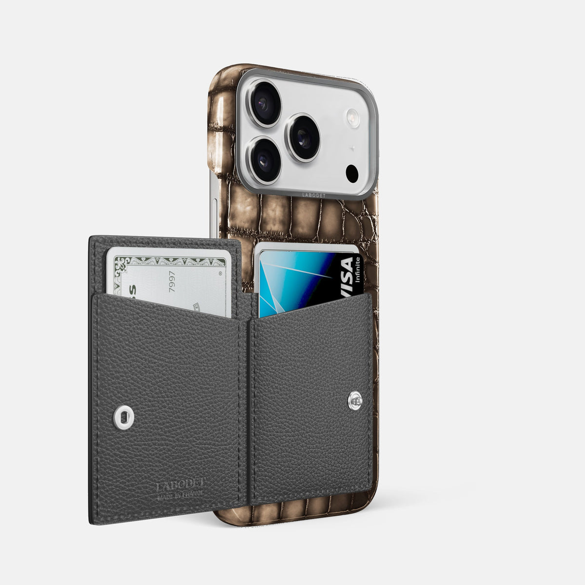 Bi-Fold Case For iPhone 18 Pro Max In Patina Alligator -2 | Etoupe-Steel