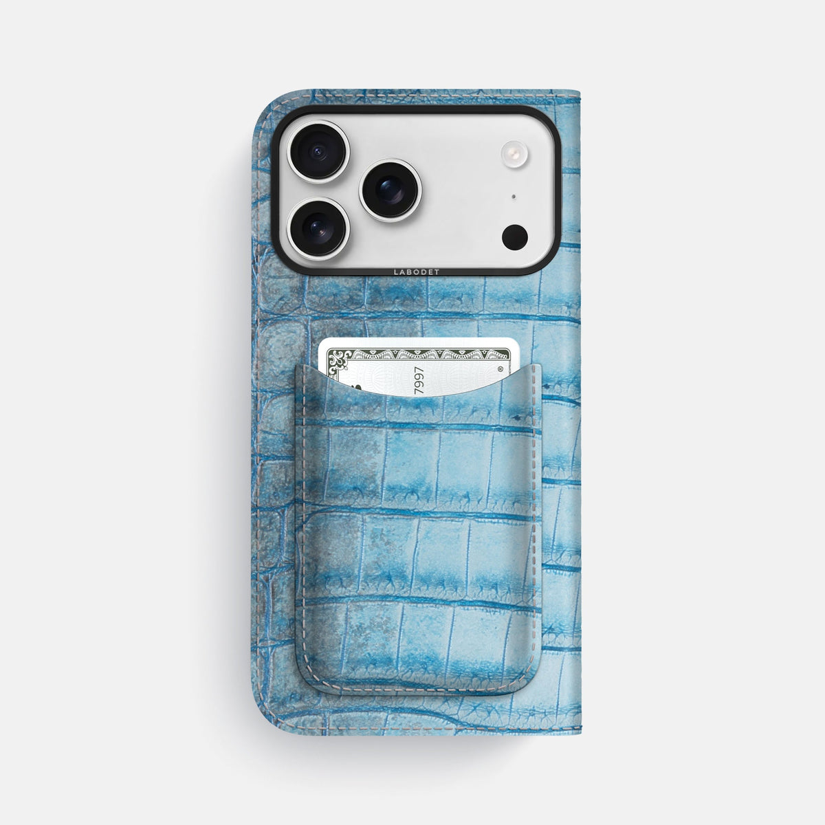 Folio Case with Card For iPhone 18 Pro Max In Himalayan Crocodile -3 | Ice-Blue-Black