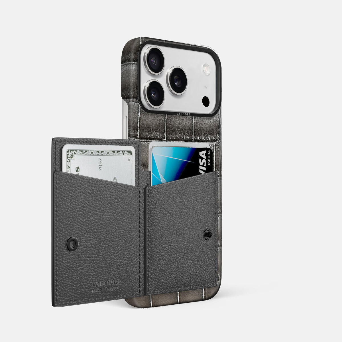 Bi-Fold Case For iPhone 18 Pro Max In Patina Alligator -2 | Grey-Black