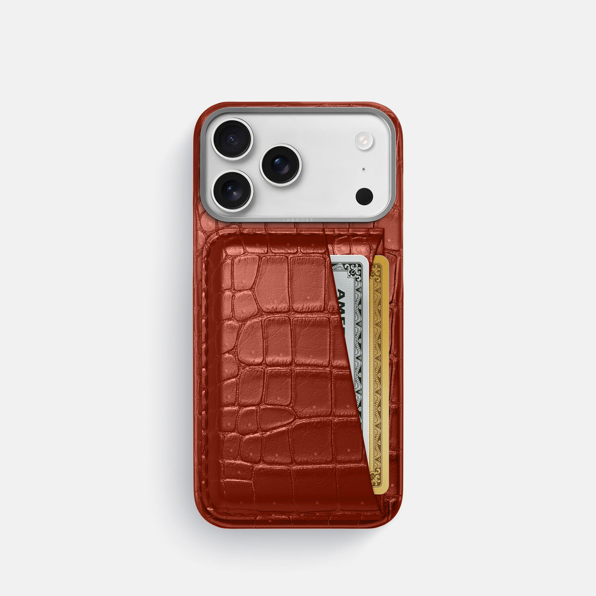 Double Card Case For iPhone 17 Pro In Porosus Crocodile -1 | Mahogany-Brown-Steel