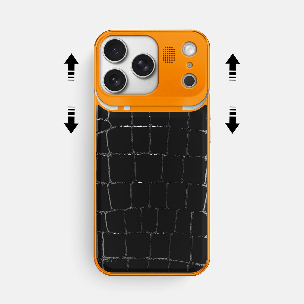 Metal Case For iPhone 17 Pro Max In Shiny Alligator -2 | Black-Orange