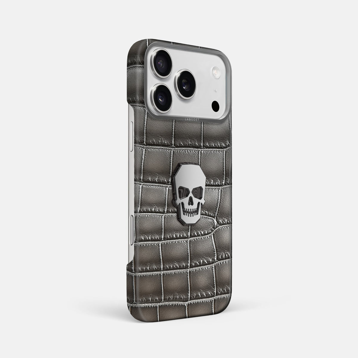 Classic Case With Titanium Skull For iPhone 18 Pro Max In Patina Alligator -2 | Grey-Steel