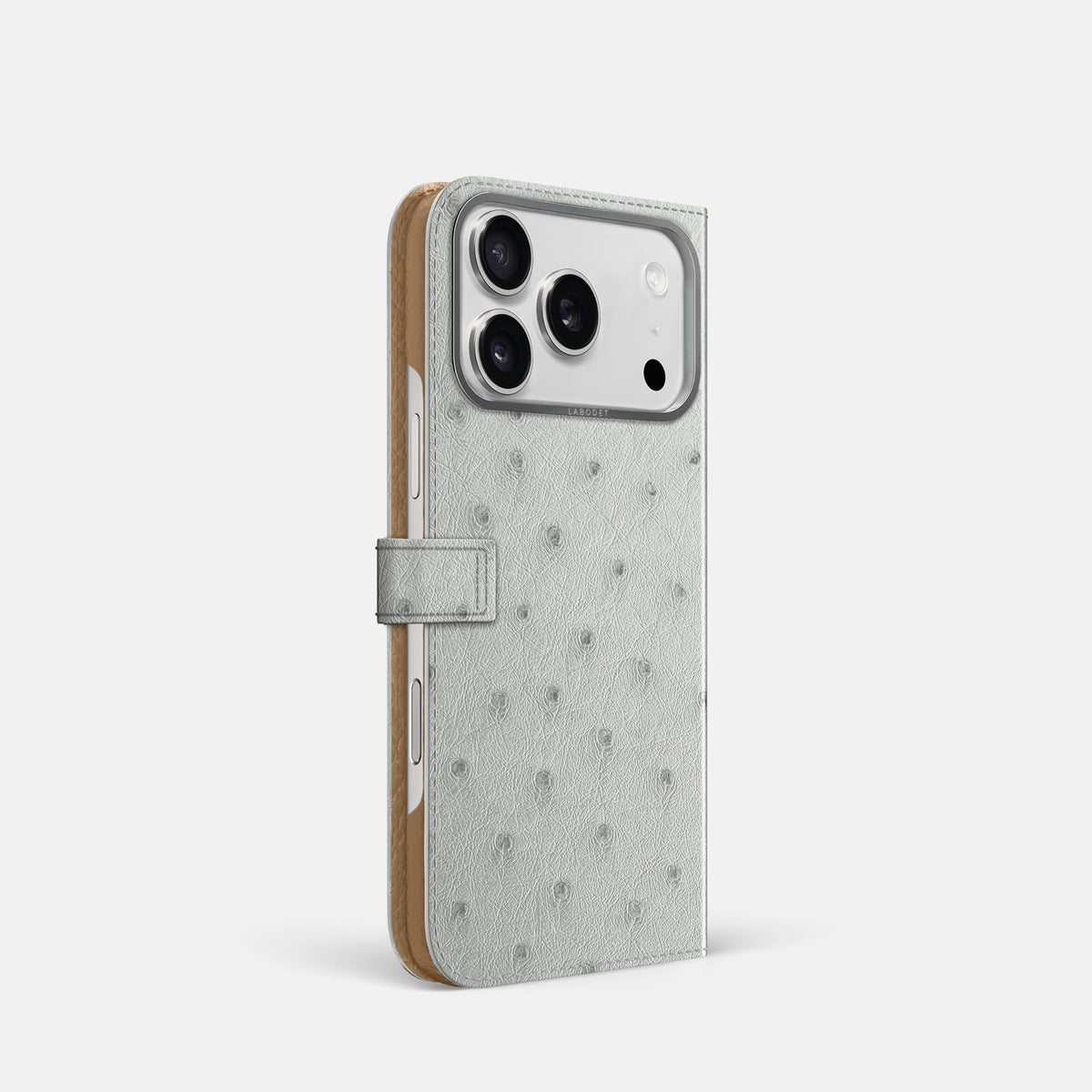 Folio Case with Clasp For iPhone 18 Pro In Ostrich -1 | White-Steel