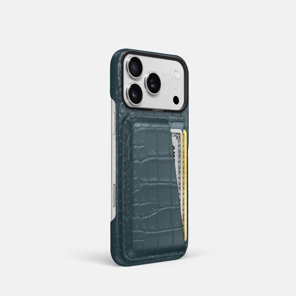 Double Card Case For iPhone 17 Pro In Porosus Crocodile -2 | Denim-Black