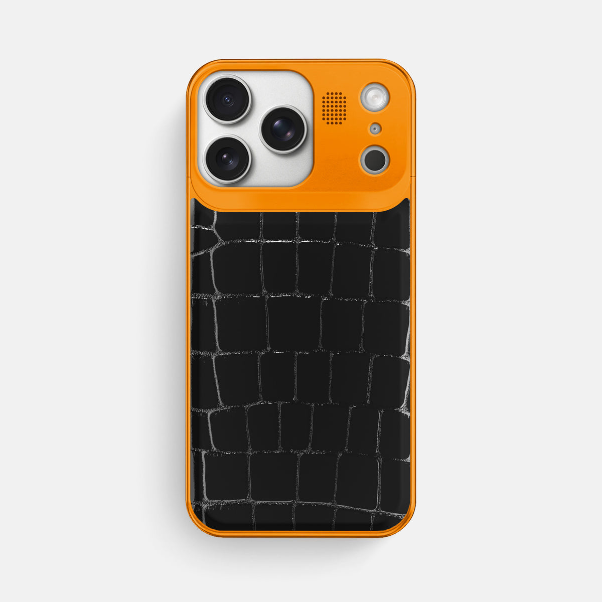 Metal Case For iPhone 17 Pro Max In Shiny Alligator -1 | Black-Orange