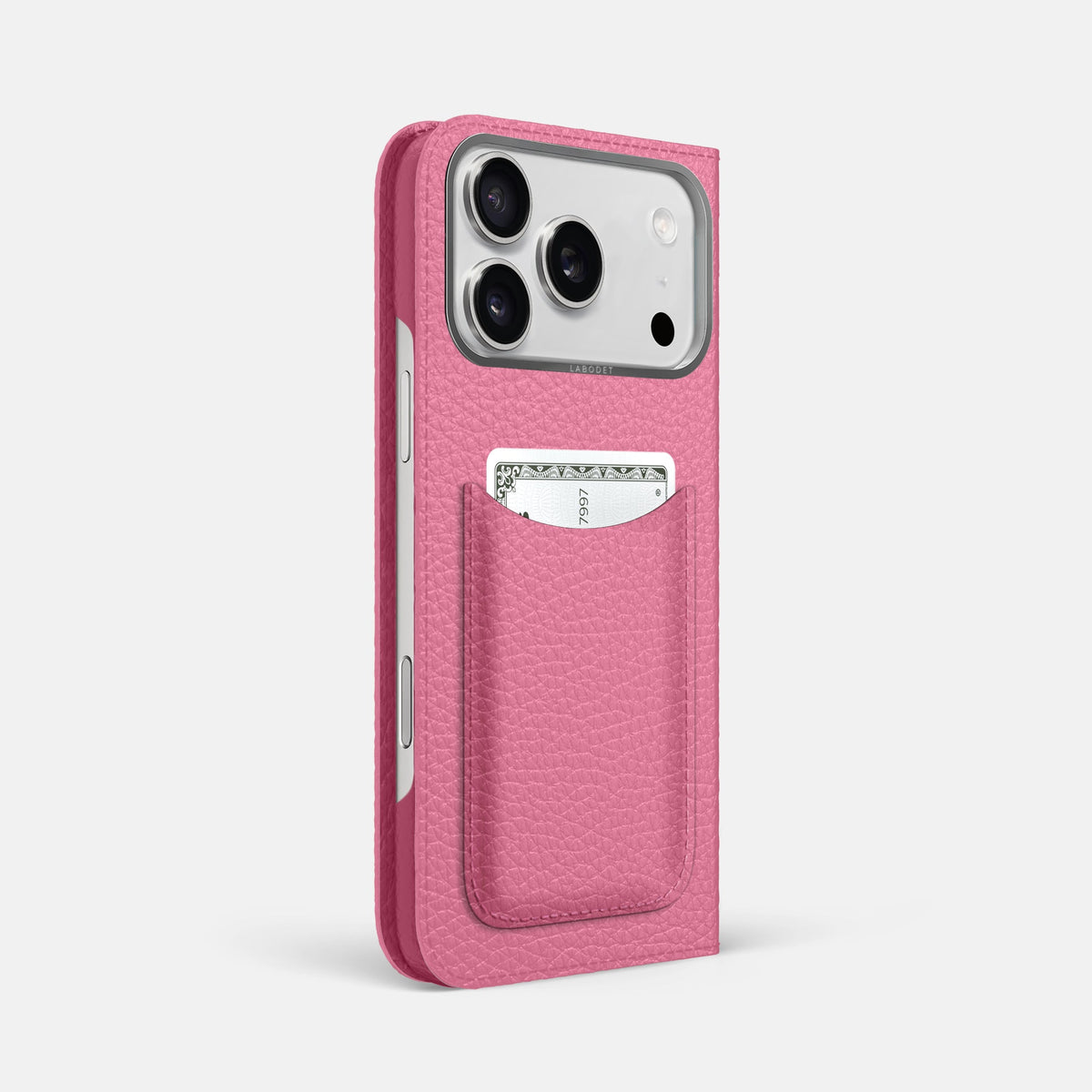 Folio Case with Card For iPhone 18 Pro Max In Calf -1 | Pink-Steel