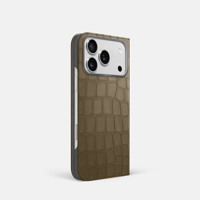 Folio Case For iPhone 17 Pro In Porosus Crocodile -1 | Kaki-Green-Steel