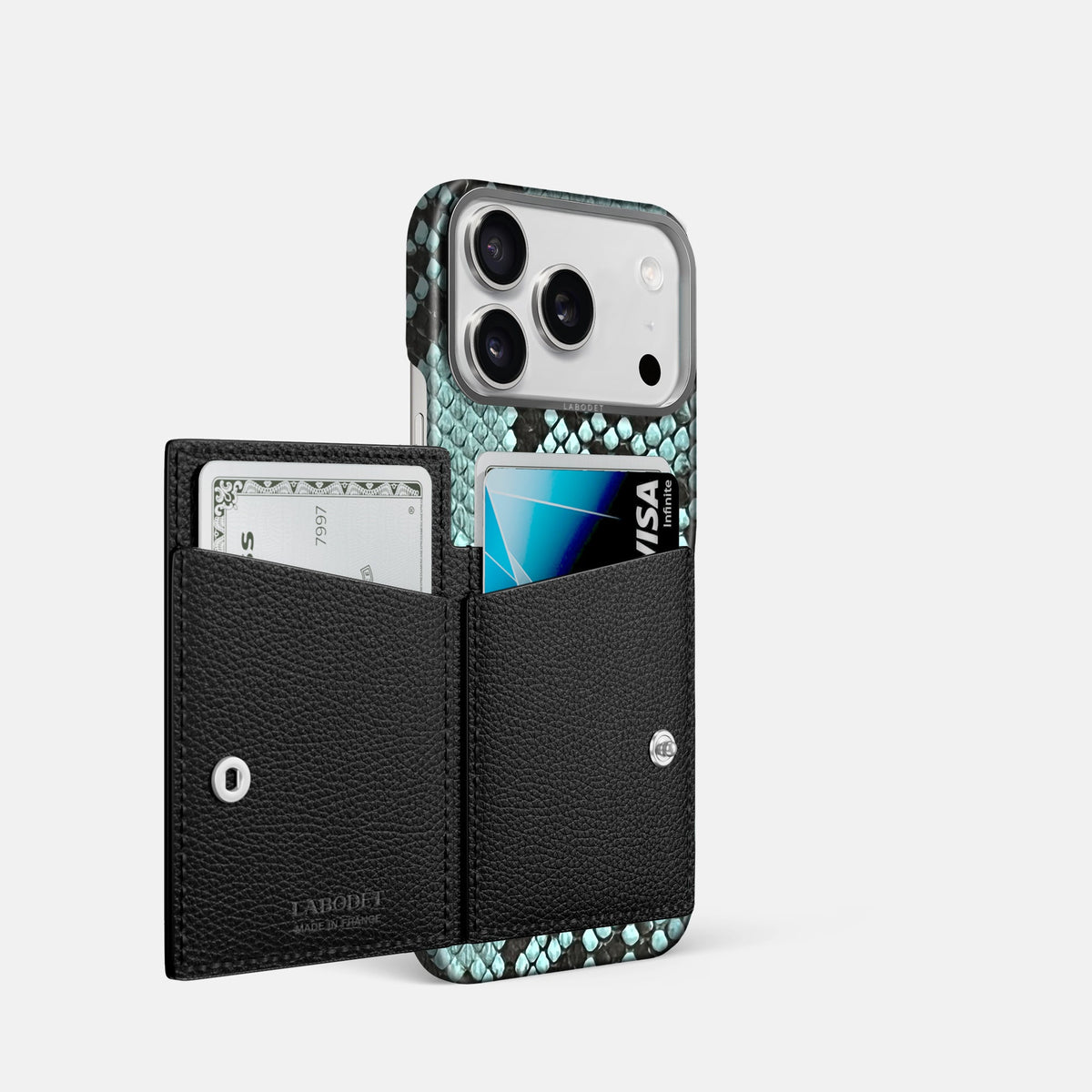 Bi-Fold Case For iPhone 18 Pro In Deluxe Python -2 | Blue-Lagoon-Steel