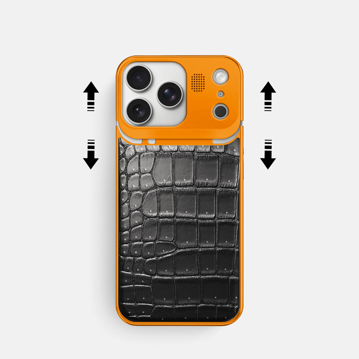 Metal Case For iPhone 17 Pro In Porosus Crocodile -2 | Shiny-Black-Orange