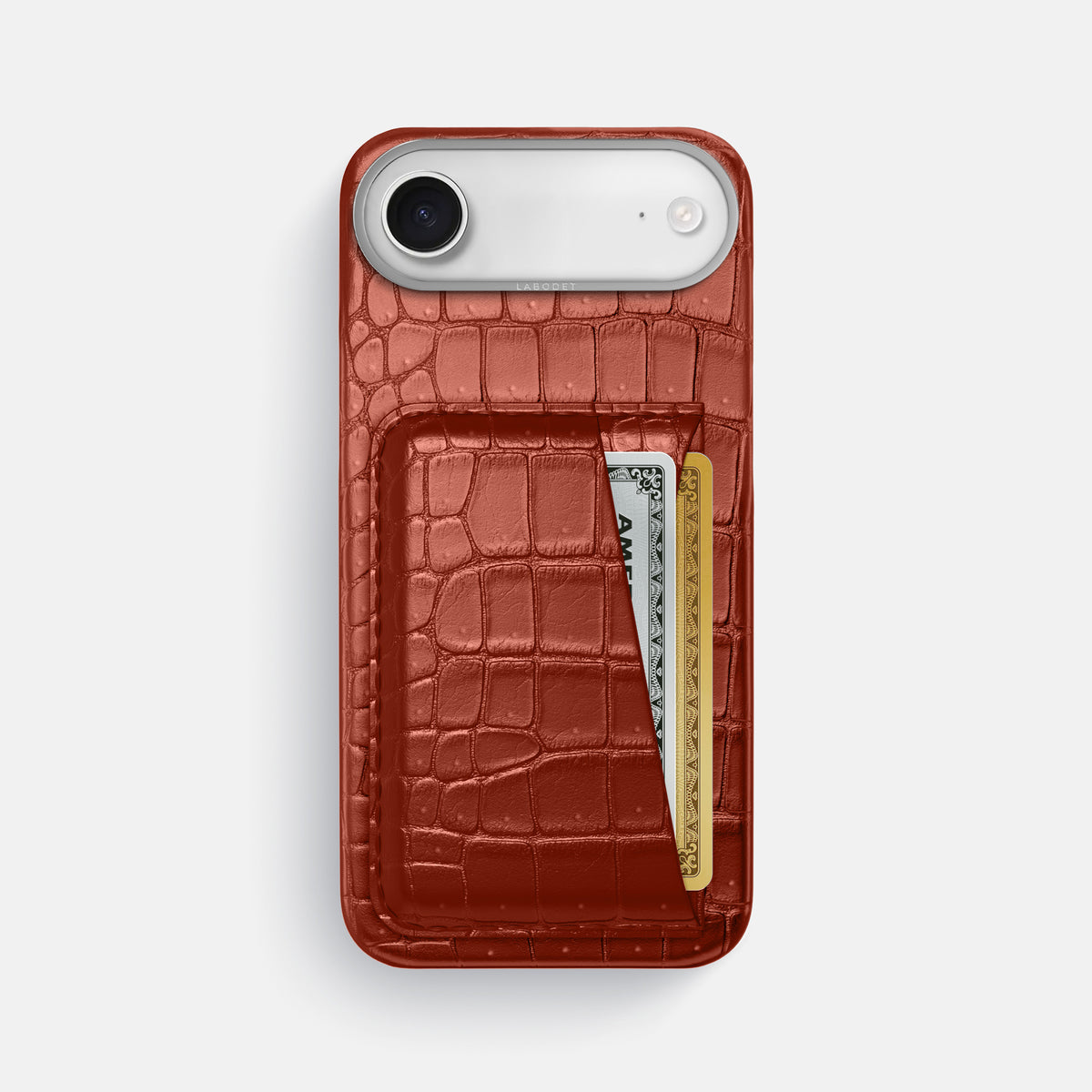 Double Card Case For iPhone 17 Air In Porosus Crocodile -1 | Mahogany-Brown-Steel