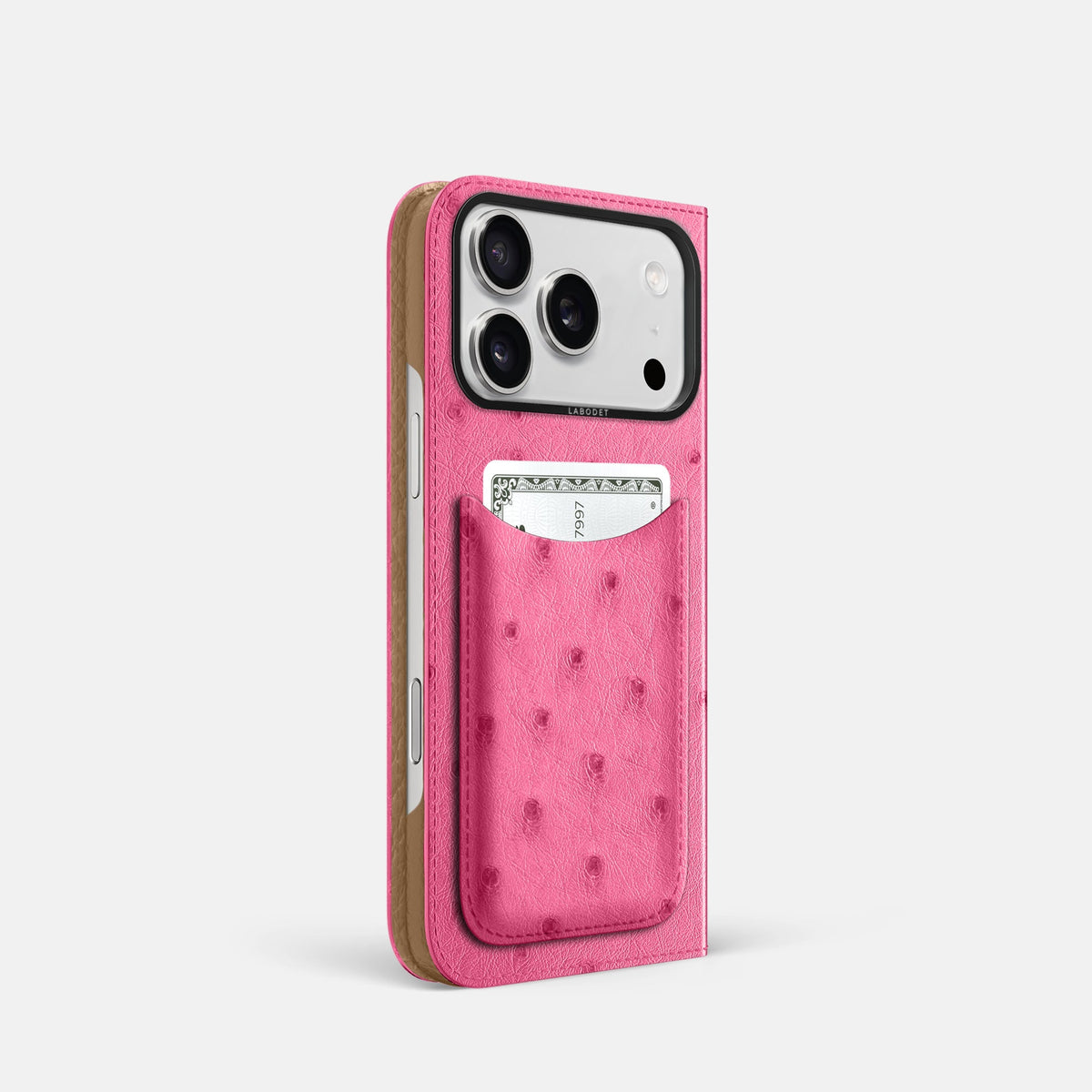 Folio Case with Card For iPhone 18 Pro In Ostrich -1 | Pink-Black