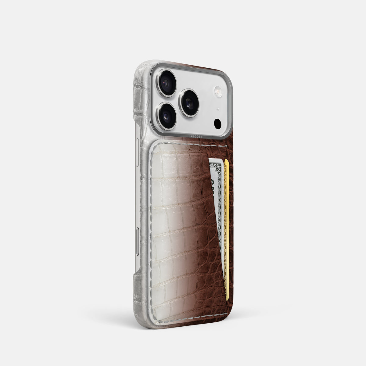 Double Card Case For iPhone 17 Pro In Himalayan Crocodile -2 | Dark-Brown-Steel