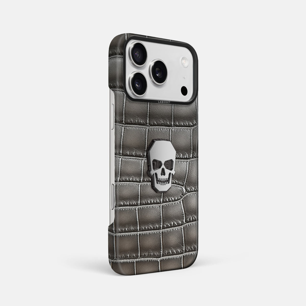 Classic Case With Titanium Skull For iPhone 18 Pro Max In Patina Alligator -2 | Grey-Black