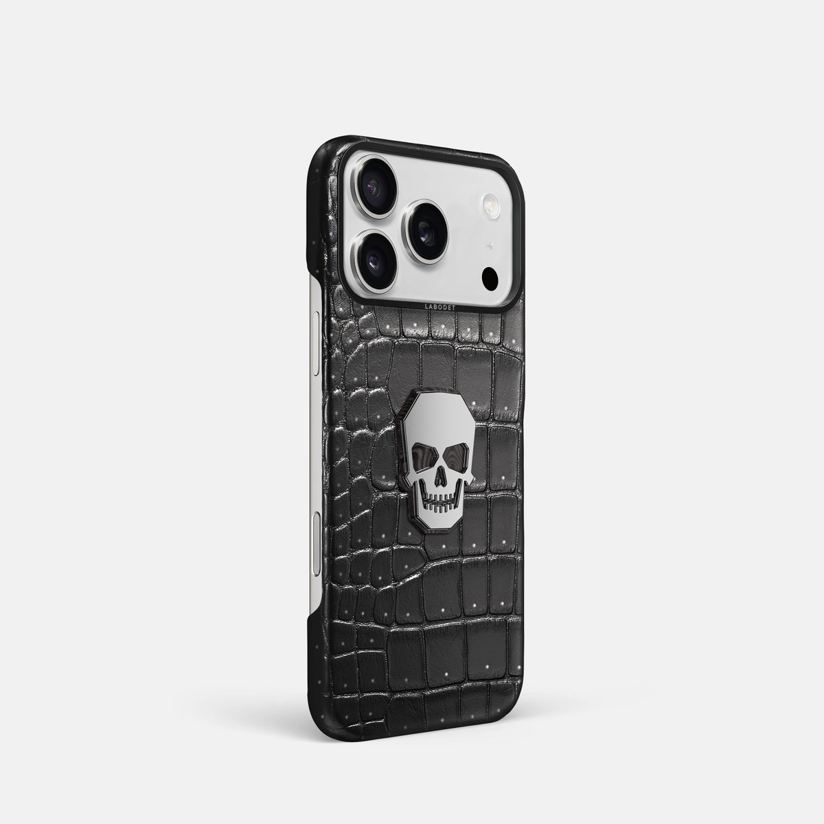 Classic Case With Titanium Skull For iPhone 17 Pro In Porosus Crocodile -2 | Shiny-Black-Black