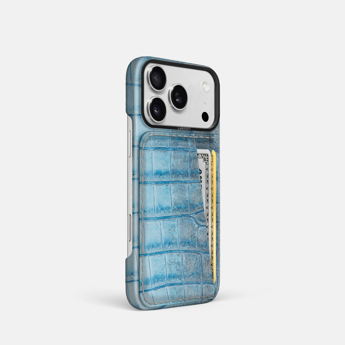 Double Card Case For iPhone 17 Pro In Himalayan Crocodile -2 | Ice-Blue-Black