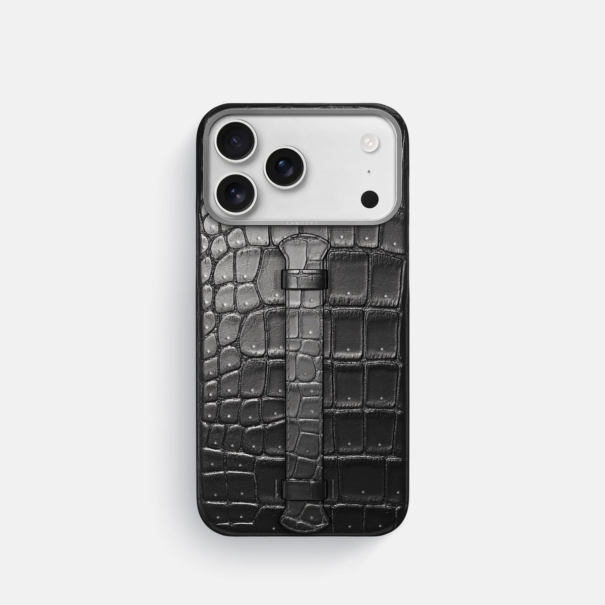 Center Handle For iPhone 18 Pro In Porosus Crocodile -1 | Shiny-Black-Steel