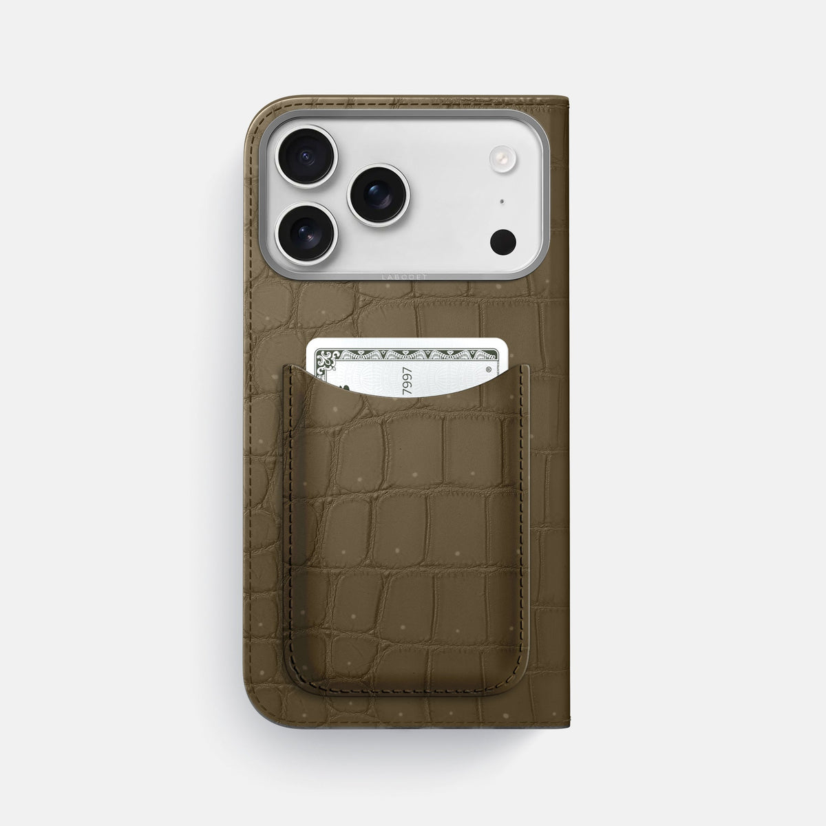 Folio Case with Card For iPhone 18 Pro Max In Porosus Crocodile -3 | Kaki-Green-Steel