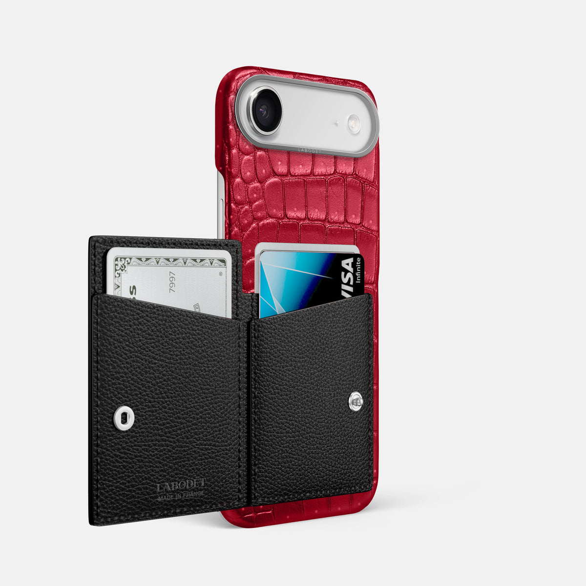 Bi-Fold Case For iPhone 17 Air In Porosus Crocodile -2 | Burgundy-Steel