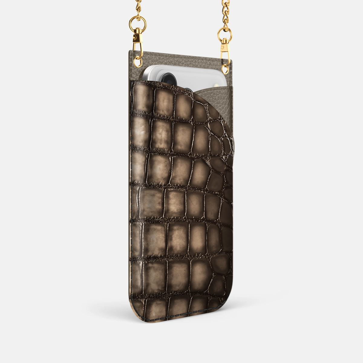 Crossbody Bag For iPhone 17 Pro In Patina Alligator -2 | Etoupe-Gold