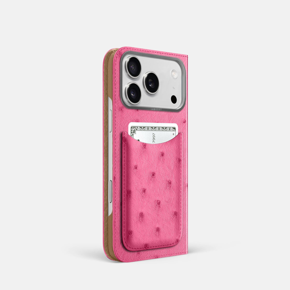 Folio Case with Card For iPhone 18 Pro In Ostrich -1 | Pink-Steel