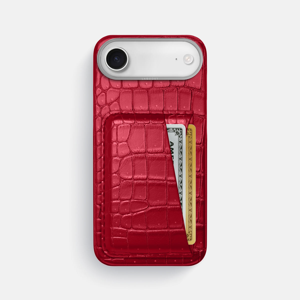 Double Card Case For iPhone 17 Air In Porosus Crocodile -1 | Burgundy-Steel