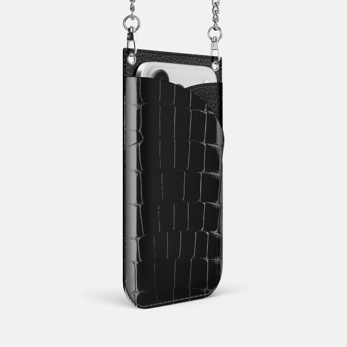 Crossbody Bag For iPhone 18 Pro In Shiny Alligator -2 | Black-Steel