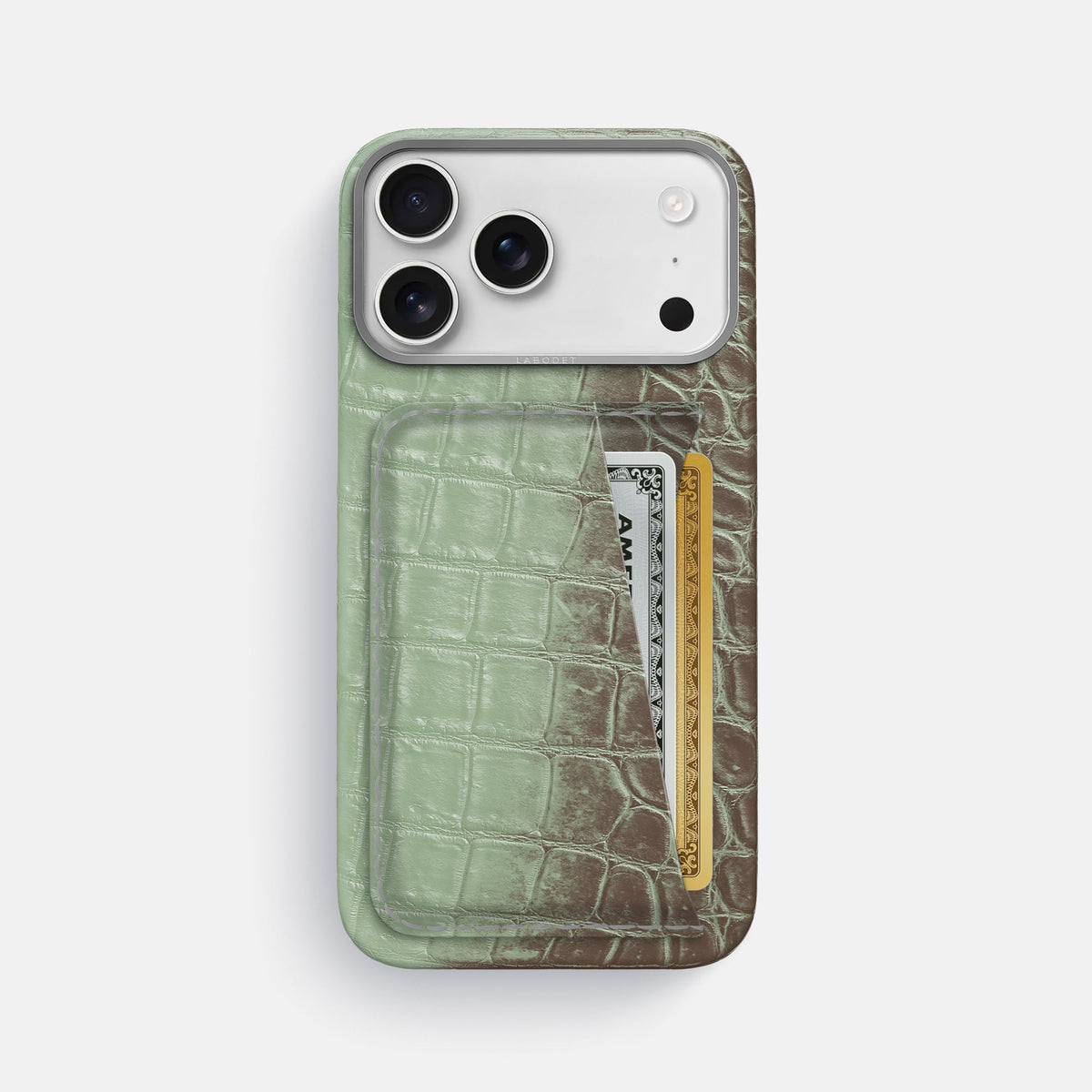 Double Card Case For iPhone 18 Pro Max In Himalayan Crocodile -1 | Pistachio-Steel