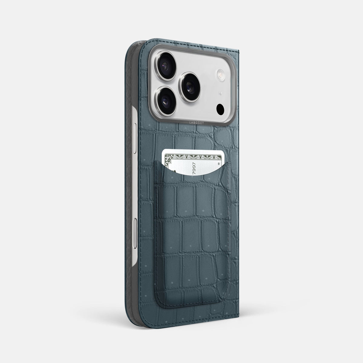 Folio Case with Card For iPhone 18 Pro Max In Porosus Crocodile -1 | Denim-Steel
