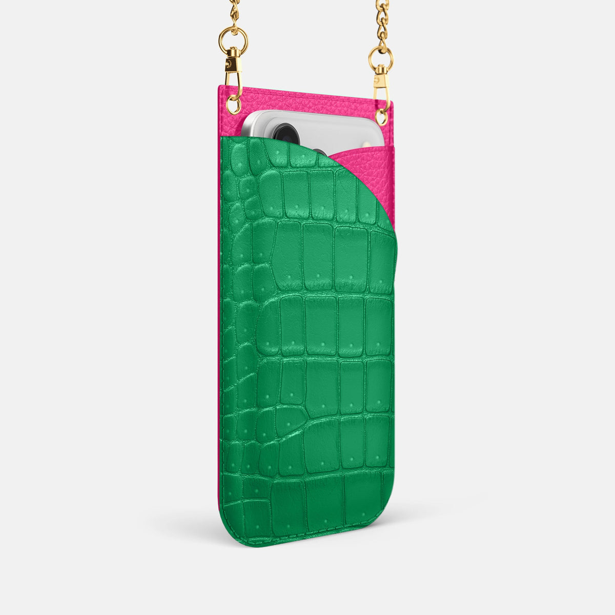 Crossbody Bag For iPhone 18 Pro In Porosus Crocodile -2 | Cactus-Green-Gold