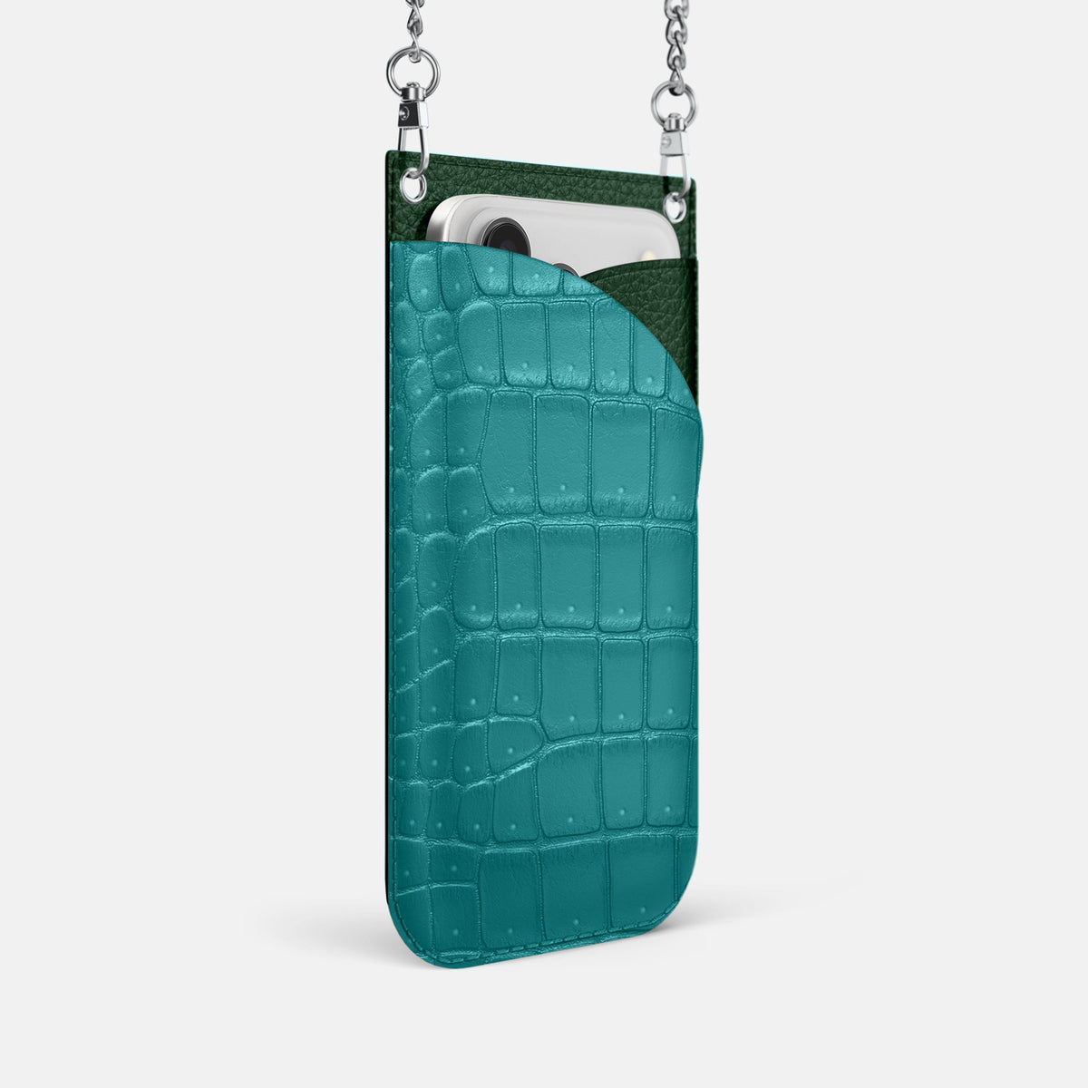 Crossbody Bag For iPhone 18 Pro In Porosus Crocodile -2 | Celadon-Steel