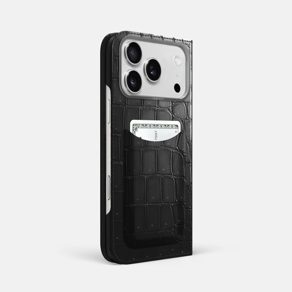 Folio Case with Card For iPhone 17 Pro Max In Porosus Crocodile -1 | Shiny-Black-Steel
