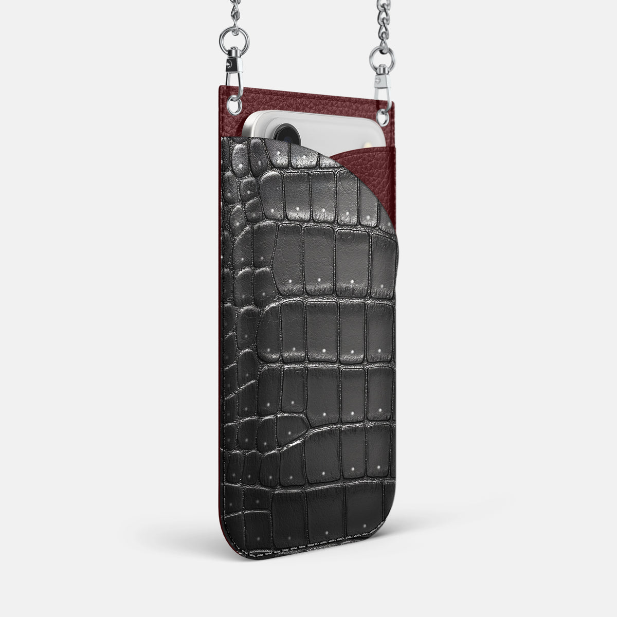 Crossbody Bag For iPhone 17 Air In Porosus Crocodile -2 | Shiny-Black-Steel