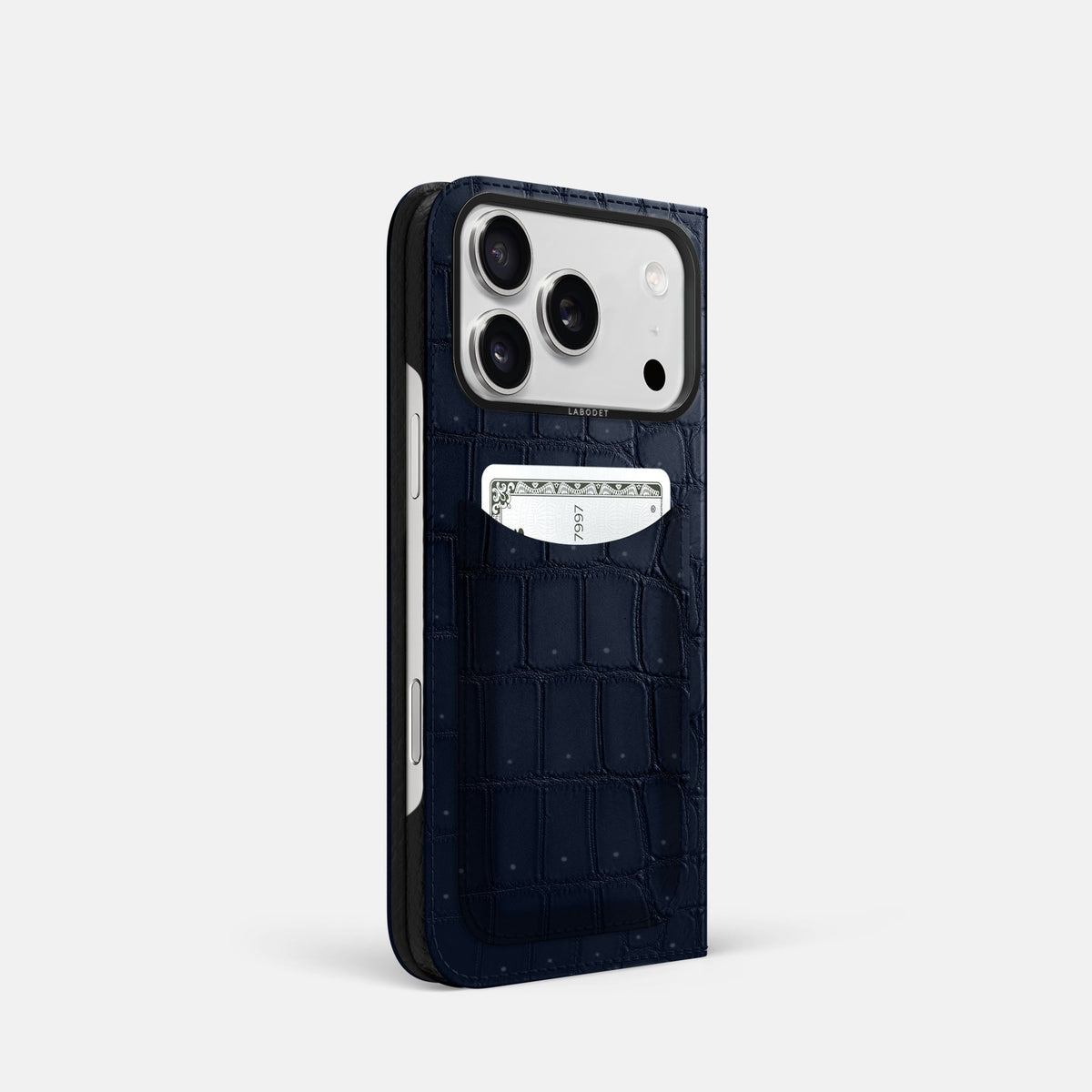 Folio Case with Card For iPhone 18 Pro In Porosus Crocodile -1 | Deep-Blue-Sea-Black