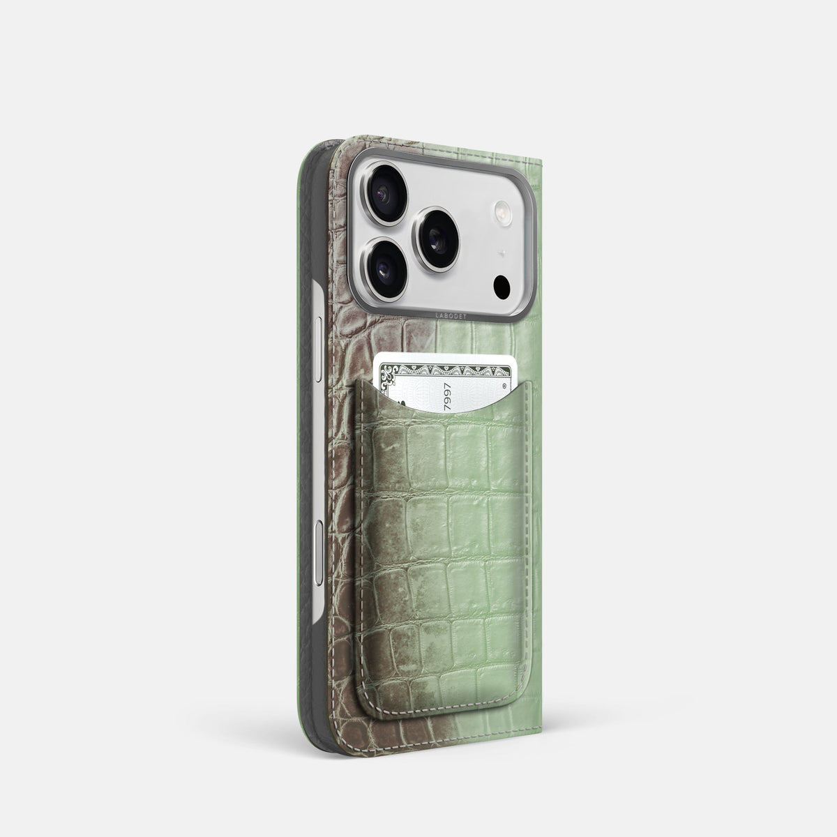 Folio Case with Card For iPhone 18 Pro In Himalayan Crocodile -1 | Pistachio-Steel