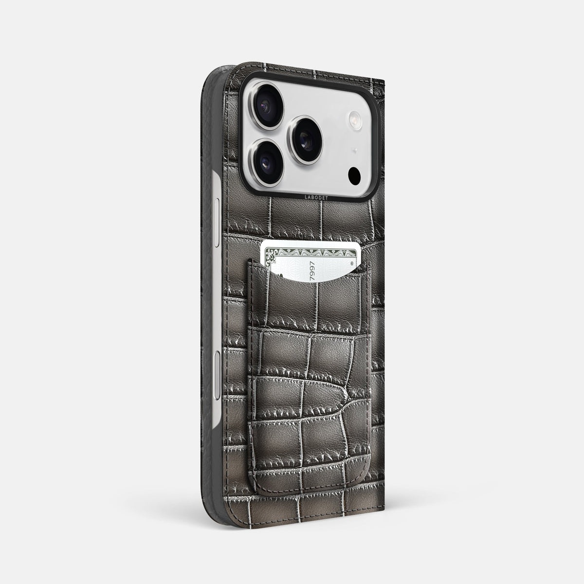 Folio Case with Card For iPhone 18 Pro Max In Patina Alligator -1 | Grey-Black