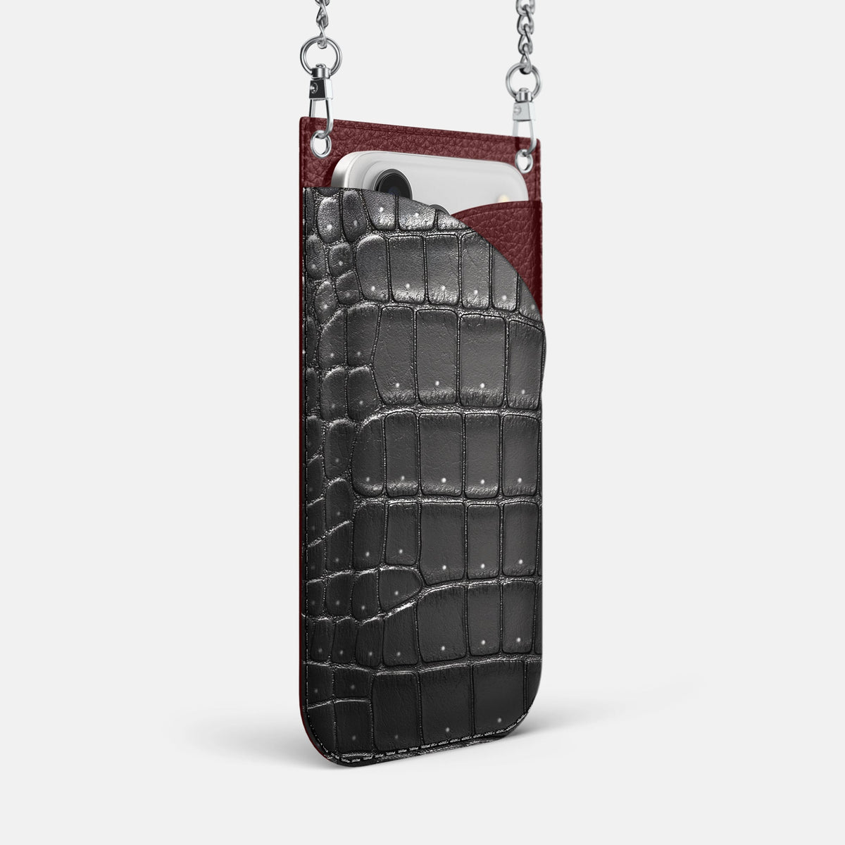 Crossbody Bag For iPhone 18 Pro Max In Porosus Crocodile -2 | Shiny-Black-Steel