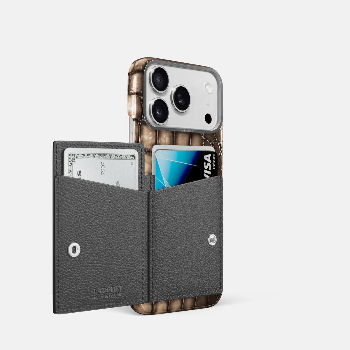 Bi-Fold Case For iPhone 18 Pro In Patina Alligator -2 | Etoupe-Steel