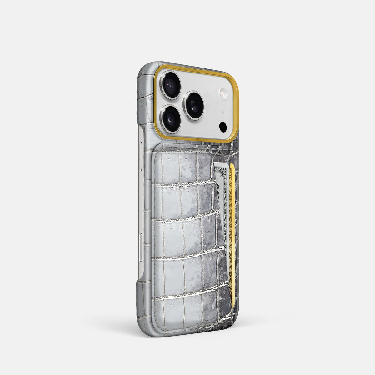 Double Card Case For iPhone 18 Pro In Himalayan Crocodile -2 | Silver-Gold