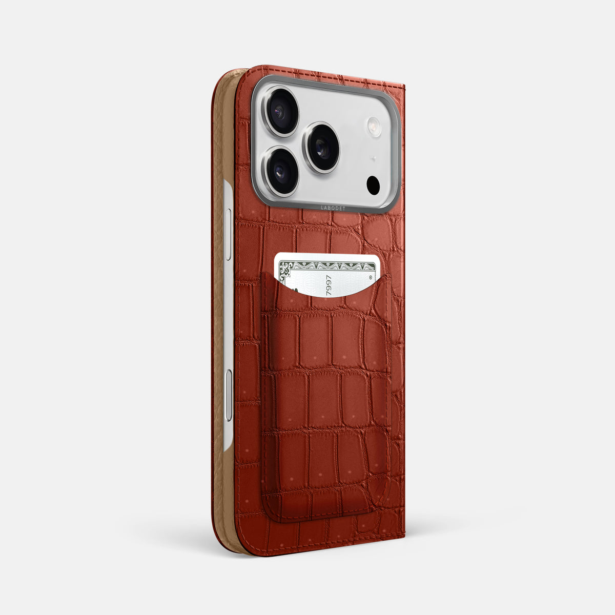 Folio Case with Card For iPhone 17 Pro Max In Porosus Crocodile -1 | Mahogany-Brown-Steel