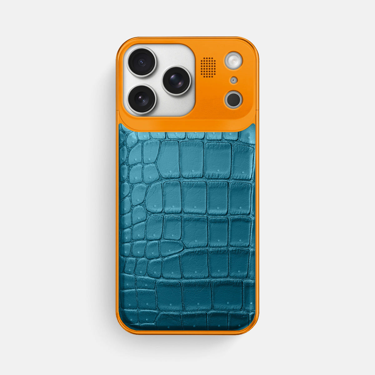 Metal Case For iPhone 17 Pro Max In Porosus Crocodile -1 | Turquoise-Orange