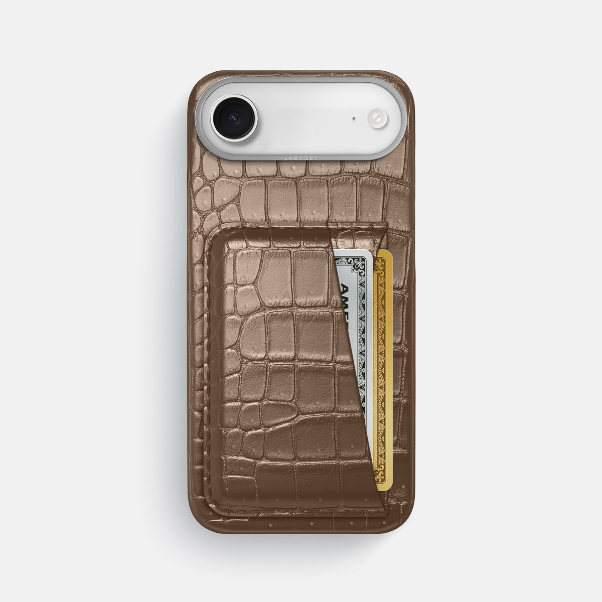 Double Card Case For iPhone 17 Air In Porosus Crocodile -1 | Fur-Brown-Steel
