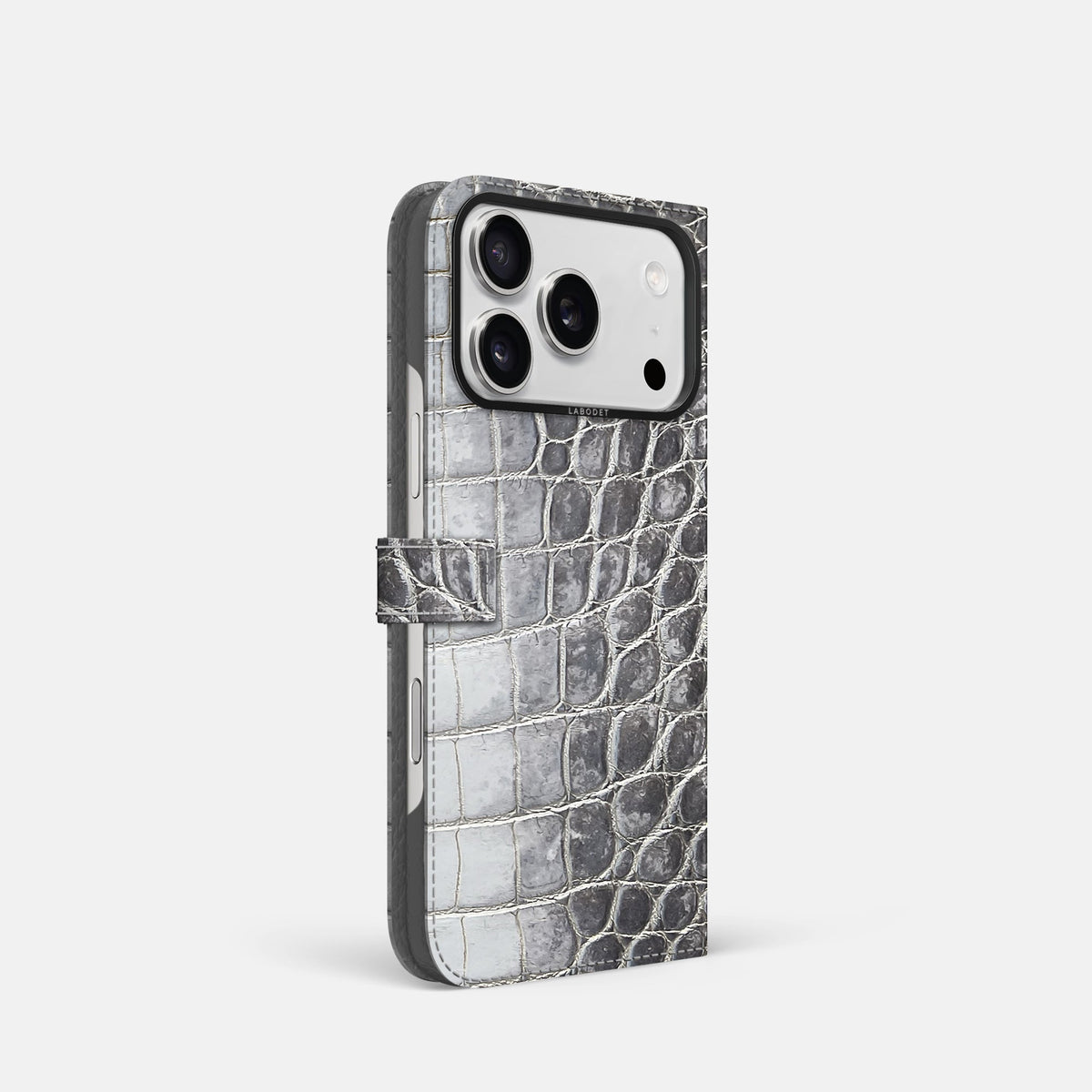 Folio Case with Clasp For iPhone 18 Pro In Himalayan Crocodile -1 | Silver-Black