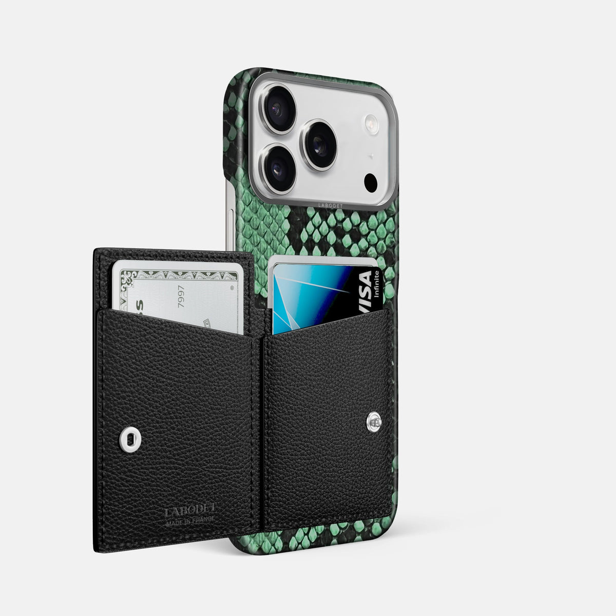 Bi-Fold Case For iPhone 18 Pro Max In Deluxe Python -2 | Forest-Green-Steel