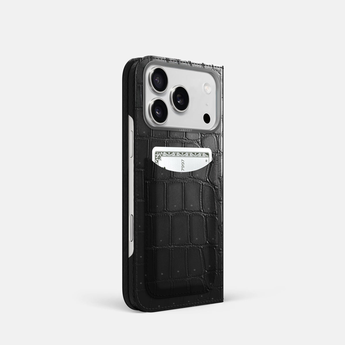 Folio Case with Card For iPhone 18 Pro In Porosus Crocodile -1 | Shiny-Black-Steel